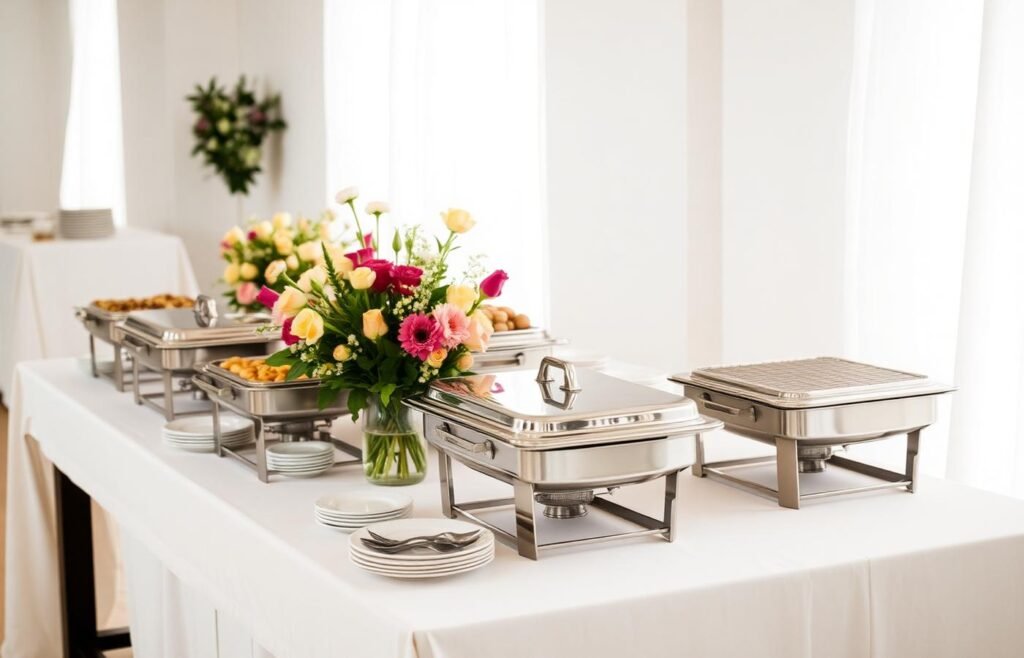 Catering buffet set up with chafing dishes and fresh flowers