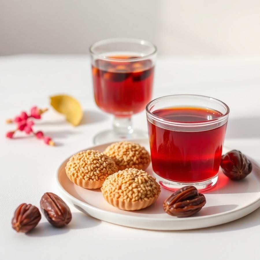 Sesame sweets served with karkade hibiscus tea